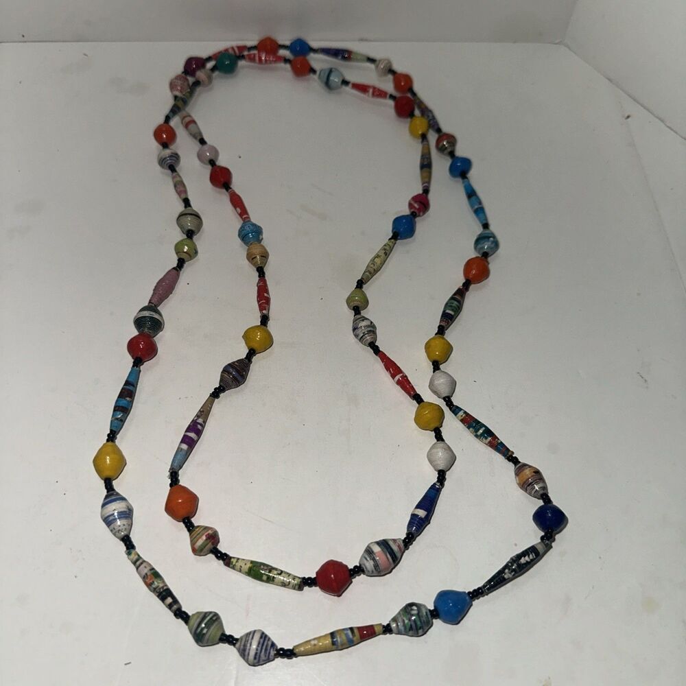 VTG Artisan Paper Beaded Necklace Rolled Paper Mache Multi-Color 30” Boho